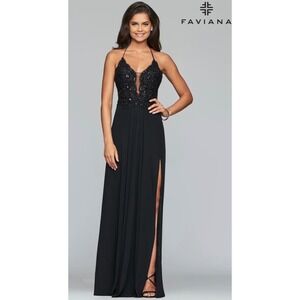 Faviana Black Beaded Sequin Lace Up Back Prom Formal Gown Slit Maxi Dress Sz 2*